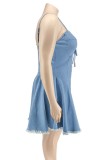 Light Blue Fashion Sexy Plus Size Solid Bandage Backless Spaghetti Strap Denim Dress