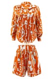 Оранжевый Повседневный принт Классический воротник рубашки с длинным рукавом Из двух частей