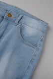 Blaue, lässige, einfarbige, zerrissene, Patchwork-Jeans mit hoher Taille und Röhrenjeans
