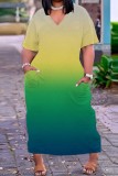 Groene casual print patchwork jurk met V-hals en korte mouwen