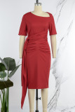 Красные повседневные однотонные повязки в стиле пэчворк с круглым вырезом и юбкой в ​​один шаг платья