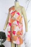 Rosa Orange Casual Elegant tryck volang asymmetriska klänningar med sned krage