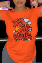 T-shirt con scollo a O con stampa patchwork arancione Street Daily