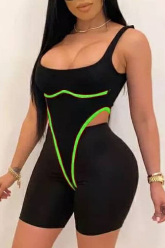Fluorescent Green Sexy Casual Street Solid Hollowed Out Backless Contrast Spaghetti Strap Sleeveless Two Pieces