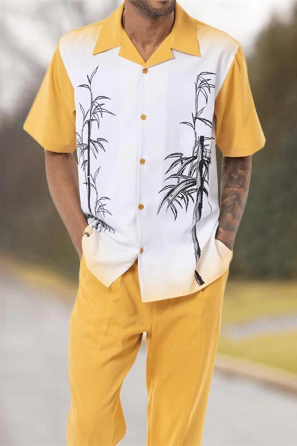 Ensemble 2 pièces pantalon court costume de marche imprimé tropical or jaune