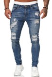 Lichtblauw Casual Effen Ripped Patchwork Normale middelhoge taille Conventionele effen jeans