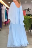 Голубое повседневное однотонное длинное платье в стиле пэчворк с круглым вырезом Платья