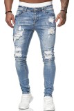 Dunkelblaue, lässige, einfarbige, zerrissene Patchwork-Jeans mit normaler mittlerer Taille und herkömmlicher Volltonfarbe