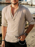 Camiseta masculina vintage casual de algodão de manga comprida caqui camisa Henley respirável ao ar livre