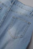 Blue Casual Street Solid Patchwork High Waist Skinny Ripped Denim Jeans