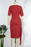 Красные повседневные однотонные повязки в стиле пэчворк с круглым вырезом и юбкой в ​​один шаг платья