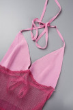 Розовое сексуальное лоскутное прозрачное длинное платье с открытой спиной и контрастной лямкой через шею