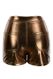 Pantalones cortos informales sólidos básicos ajustados de cintura alta color sólido convencional café