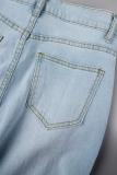Light Blue Street Solid Patchwork High Waist Skinny Ripped Denim Jeans
