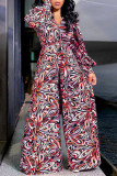 Lila Casual Street Elegant Print Frenulum Buttons V-Ausschnitt Loose Jumpsuits (mit Gürtel)