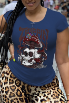 Marineblauwe Street Vintage Skull Patchwork T-shirts met O-hals