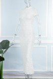 ホワイトセクシーなソリッドパッチワークスリットOネックワンステップスカートドレス