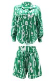 Green Casual Print Basic Shirt Collar Long Sleeve Two Pieces