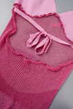 Vestido largo halter de contraste sin espalda transparente de patchwork sexy rosa Vestidos