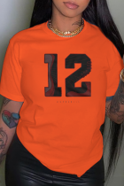 Camisetas con cuello en O de patchwork casual naranja