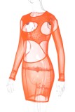 Vestidos de manga larga con cuello en O transparentes ahuecados sólidos sexy naranja