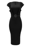 ブラックカジュアルソリッドパッチワークVネックワンステップスカートドレス