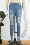 Синие повседневные уличные однотонные рваные джинсы скинни в стиле пэчворк с высокой талией