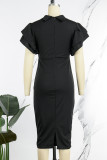 Черные элегантные однотонные платья в стиле пэчворк с отложным воротником и юбкой-карандашом
