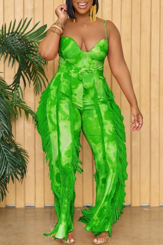 Green Sexy Casual Print Tassel Backless Spaghetti Strap Sleeveless Two Pieces