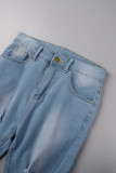 Blaue, lässige, einfarbige, zerrissene, Patchwork-Jeans mit hoher Taille und Röhrenjeans