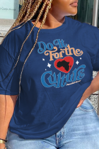 Marineblauwe Casual T-shirts met dagelijkse print en patchwork Letter O-hals