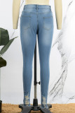 Jeans jeans skinny cintura alta azul casual street sólido patchwork rasgado