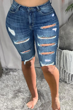 Dark Blue Fashion Casual Solid High Waist Regular Jeans Ripped Denim Shorts