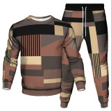 Brown Casual Geometric Patchwork O Neck Long Sleeve Two Pieces