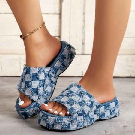 Los zapatos de cuña cómodos redondos de patchwork casual azul vaquero