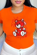Orangefarbene Patchwork-T-Shirts mit O-Ausschnitt für den Alltag mit süßem Aufdruck