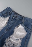 Light Blue Street Solid Make Old Patchwork High Waist Wide Leg Baggy Ripped Denim Jeans