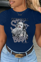 Marineblaue sexy Straßen-Druck-Patchwork-O-Ansatz-T-Shirts