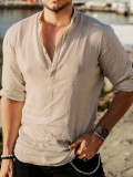 Khaki Men's Vintage Casual Cotton Long Sleeve T-Shirt Shirt Outdoor Breathable Henley Shirt