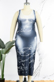 Graues, sexy bedrucktes Patchwork-Spaghettiträger-One-Step-Rock-Kleid in Übergröße