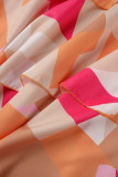 ピンクオレンジカジュアルエレガントプリントフラウンス斜め襟非対称ドレス