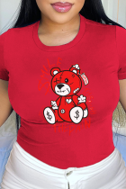 Rote Alltags-T-Shirts mit süßem Aufdruck und Patchwork-O-Ausschnitt
