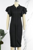 Черные элегантные однотонные платья в стиле пэчворк с отложным воротником и юбкой-карандашом
