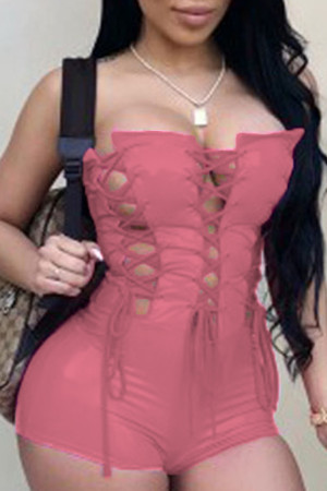 Pink Sexy Party Solid Cross Straps Reflective Strapless Skinny Jumpsuits