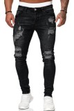 Azul escuro Casual Sólido Patchwork Rasgado Regular Cintura Média Jeans Convencional de Cor Sólida