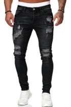 Jeans tinta unita convenzionali a vita media con patchwork strappati solidi casual neri