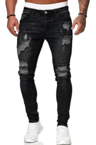 Schwarze, lässige, einfarbige, zerrissene Patchwork-Jeans mit normaler mittlerer Taille und herkömmlicher Volltonfarbe