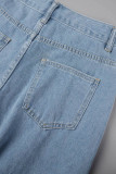 Голубые повседневные однотонные рваные джинсовые шорты скинни с высокой талией