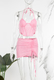 Pink Sexy Solid Bandage Patchwork Draw String Asymmetrical Halter Sleeveless Two Pieces