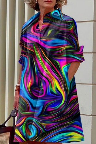 Blue Casual Print Patchwork Turndown Collar Shirt Dress Dresses